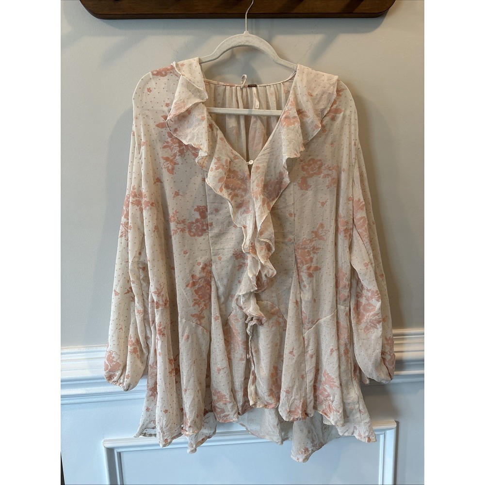 Free People Ruffle Floral Blouse Sheer Cream Size Small